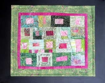 Contemporary Pink / Green  Art Quilt | Season of Singing Has Come | Modern Wall Quilt