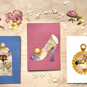 Cartes de voeux faites main avec de vraies fleurs - Collection de contes de fées inspirée par La Belle et la Bête, Cendrillon et Alice au pays des merveilles