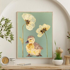 Pressed Flowers Duckling and White Poppies – Nature-Inspired Handmade Art, Cottage Animal Decor, Unique Botanical Gift