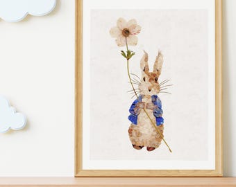 Blumige Häschen-Druck-Kinderzimmerdekor, sanfte Waldwandkunst, Kaninchenillustration, klassisches Märchenbuch-Kinderzimmerdekor