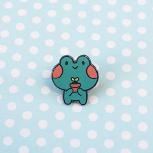 Froggy Pal Pin - 3/4&quot; - Cute Frog with Plant Hard Enamel Pin
