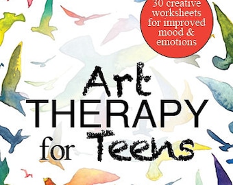 Könnte beinhalten: Ein Buchcover mit einem bunten Aquarellhintergrund mit Vögeln und dem Titel "Art Therapy for Teens". Das Cover enthält auch einen roten Kreis mit dem Text "30 kreative Arbeitsblätter zur Verbesserung der Stimmung und der Emotionen".