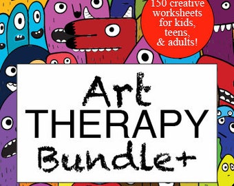 Könnte beinhalten: Eine bunte Illustration von Monstern mit dem Text "Art THERAPY Bundle+" in schwarzer Schrift auf weißem Hintergrund. Das Bild enthält den Text "150 kreative Arbeitsblätter für Kinder, Jugendliche und Erwachsene!"