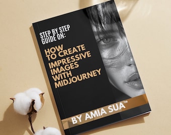 以下が含まれることがあります： アミア・スア著「How to Create Impressive Images with Midjourney」というタイトルの黒と金の表紙の本。本の表紙には女性の顔のアップが写っている。