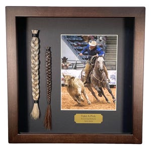 May include: A framed display with two braided horse tails, a photo of a cowboy roping a calf, and a gold plaque that reads "Take A Pick In Loving Memory 2013-2024".