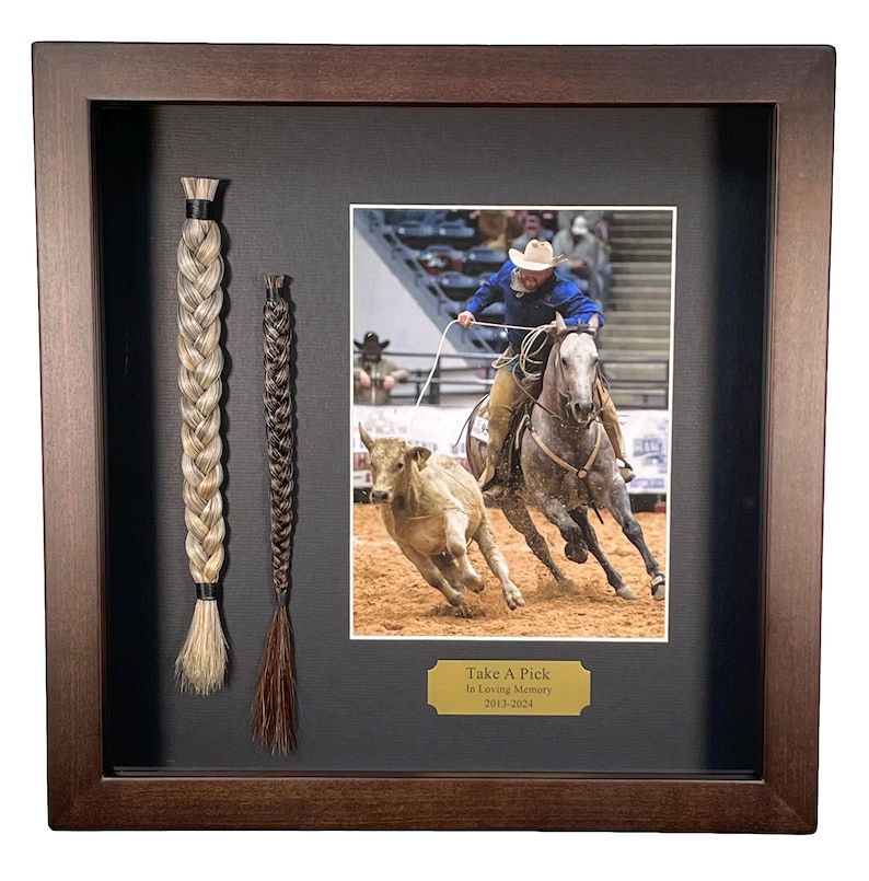 May include: A framed display with two braided horse tails, a photo of a cowboy roping a calf, and a gold plaque that reads "Take A Pick In Loving Memory 2013-2024".