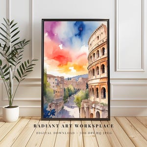 Arte mural en acuarela de Roma, Italia, descarga digital de 300 DPI, arte emblemático de Roma, acuarela de Italia imprimible, impresión digital de paisaje urbano italiano