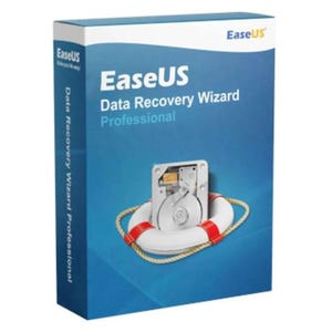 Puede incluir: Caja de producto azul para EaseUS Data Recovery Wizard Professional. La caja presenta texto blanco y una imagen de un disco duro dentro de un salvavidas. El logotipo de EaseUS es visible en la esquina superior izquierda.