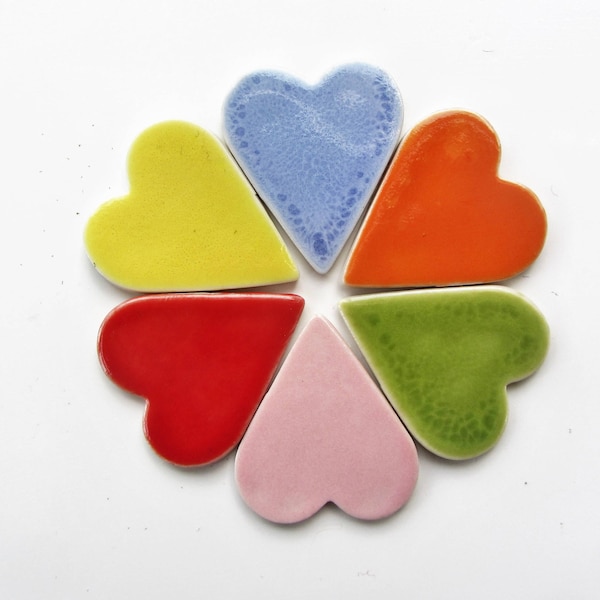 6 large multi coloured ceramic heart tiles, handmade , mosaic shapes