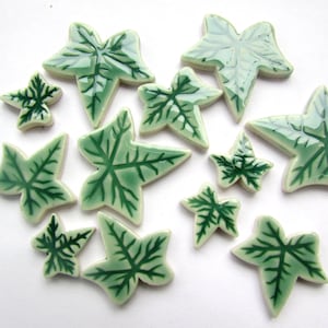 12 mosaic ivy leaf tiles handmade ceramic shapes 3 sizes