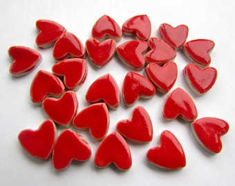 25 mosaic heart tiles, handmade red valentines, ceramic, heart shapes great for mosaics or cards.