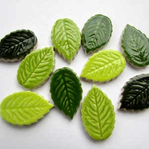 Puede incluir: Surtido de azulejos de cerámica con forma de hoja en tonos verdes. Los azulejos están esmaltados y tienen un diseño de hoja realista.