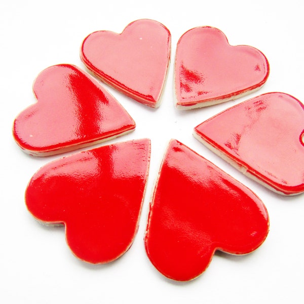 6 mosaic heart tiles, handmade red, ceramic shapes