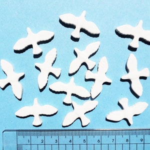 May include: A collection of 12 white ceramic dove figurines arranged on a light blue surface. A ruler is placed at the bottom of the image for scale.