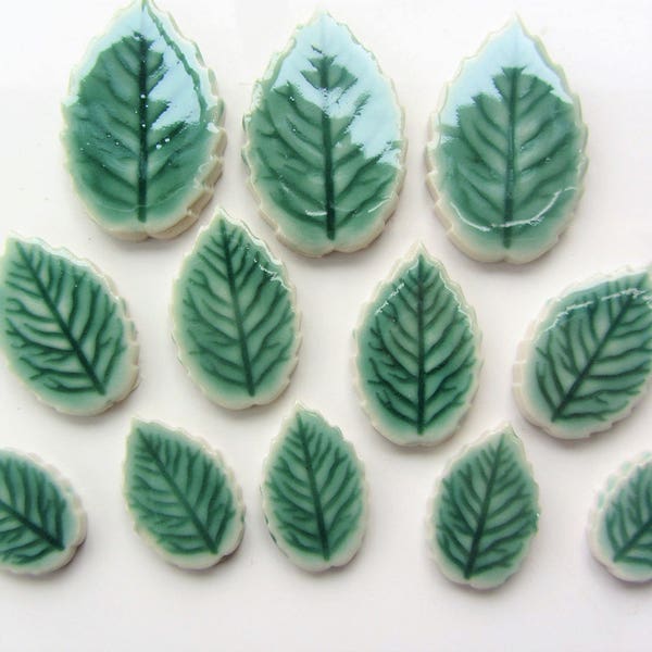 12 ceramic mosaic leaf tiles, handmade, glazed with veins 3 sizes