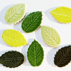 May include: Eight ceramic leaf tiles in various shades of green and yellow. The leaves have a raised vein pattern and are ideal for crafting projects.