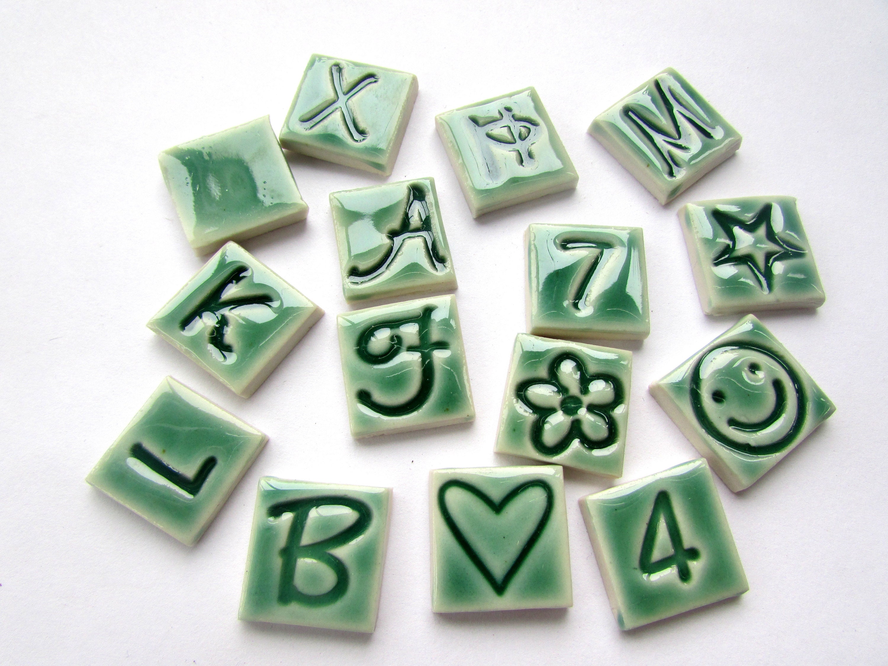 15 Handmade Ceramic Mosaic Tiles Letters Numbers Spaces Green Etsy UK