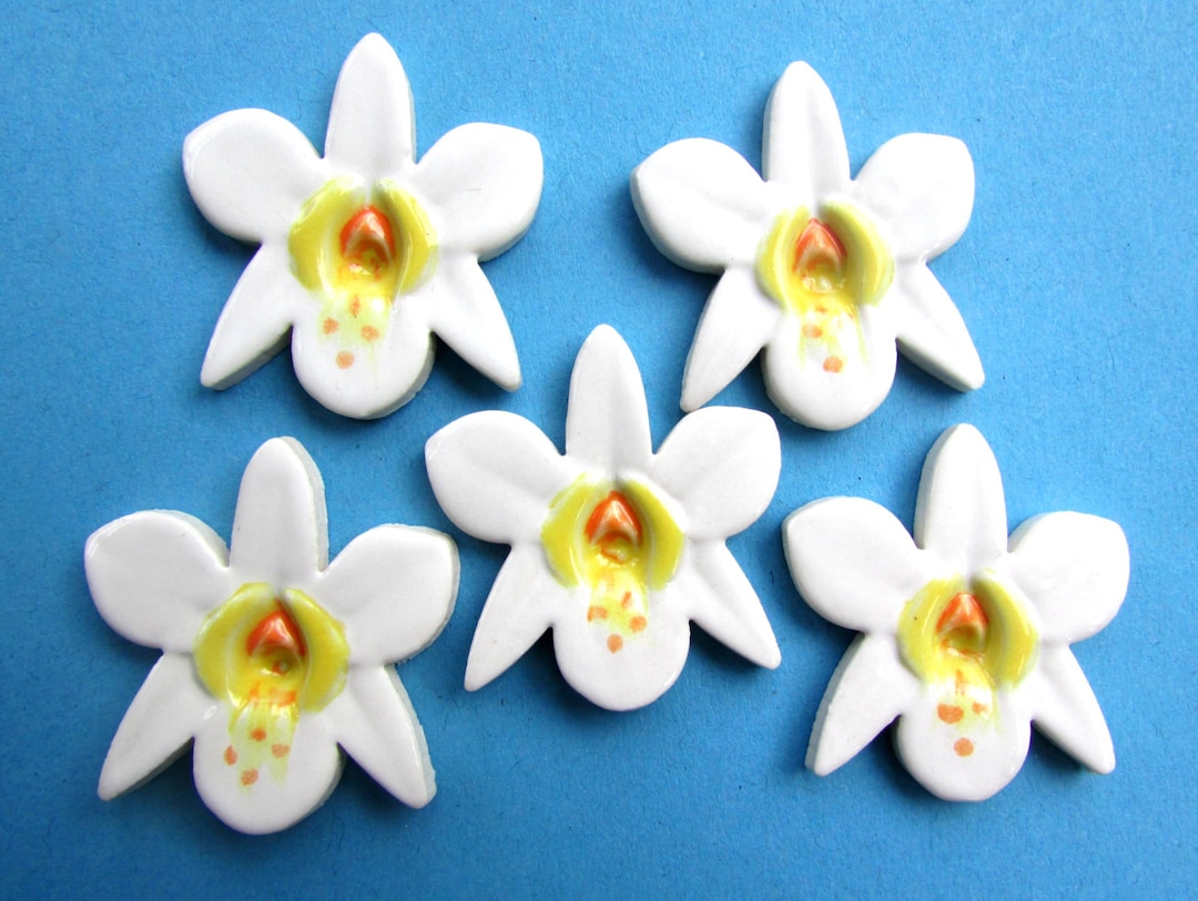 5 Handmade Ceramic Orchid Flower Tiles Great for Mosaic and Other