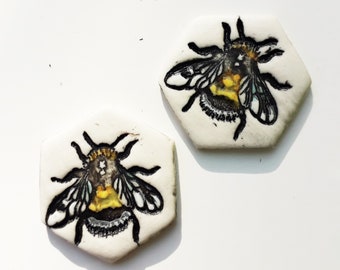 2 bees ceramic handmade tiles fantastic for mosaic or other craft projects