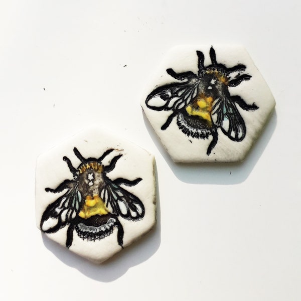 2 bees ceramic handmade tiles fantastic for mosaic or other craft projects