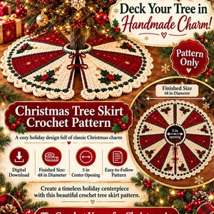 May include: A crochet Christmas tree skirt pattern featuring a red and cream radial design with holly leaf and berry motifs. The text includes 'Deck Your Tree in Handmade Charm!', 'Pattern Only', and 'Christmas Tree Skirt Crochet Pattern'. Finished size is 48 inches in diameter with a 5 inch center opening.
