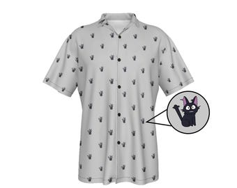 Stampa minimalista allover con gatto spaventoso GRIGIO. Maglietta perfetta per lavoro, regali, feste, compleanni, Natale e divertimento!