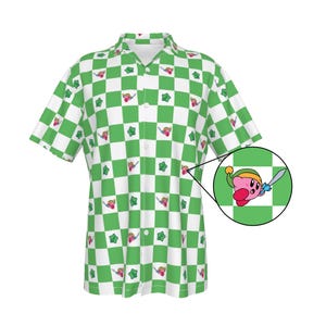 Link Kirby Green & White Checkered Hawaiian Shirt. Perfect cute shirt for work, gifts, holidays, birthdays, Christmas, and fun!