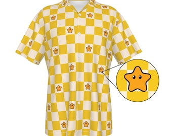 Mario Star Gold & Beige Checkered Hawaiian Shirt. Perfect cute shirt for work, gifts, holidays, birthdays, Christmas, and fun!