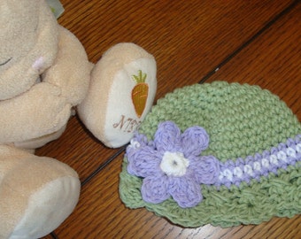 READY TO SHIP Newborn Hat - Sage with Mauve/White Stripe & Flower