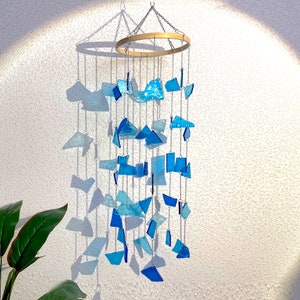 Stained Glass Wind Chime Ocean Blue Coastal Suncatcher Porch Garden Balcony Patio Decor Handmade Beach House Summer Outdoor Gift