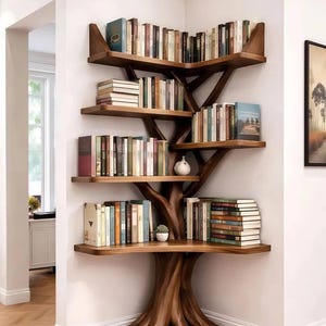 Custom Live Edge Corner Shelf – Tree Branch Floating Bookshelf, Handmade Solid Wood Wall Shelf