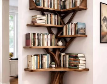 Custom Live Edge Corner Shelf – Tree Branch Floating Bookshelf, Handmade Solid Wood Wall Shelf