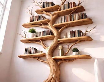 Tree Branch Floating Bookshelf – Reclaimed Driftwood Wall Shelf, Handmade Natural Wood Floating Bookcase