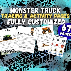 Customized Monster Truck Tracing Pages Printable | Name, Alphabet & Numbers 1-20 | Preschool Handwriting Practice | Digital Download