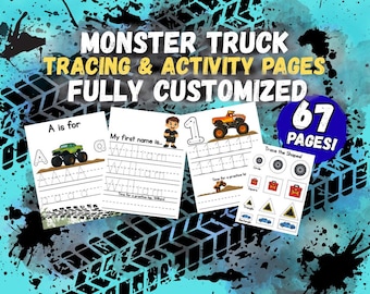 Customized Monster Truck Tracing Pages Printable | Name, Alphabet & Numbers 1-20 | Preschool Handwriting Practice | Digital Download
