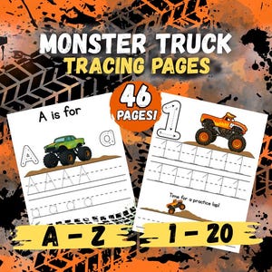 Monster Truck Tracing Pages Printable | Alphabet A-Z | Numbers 1-20 | Preschool & Kindergarten Handwriting Practice | Digital Download