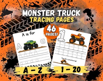 Monster Truck Tracing Pages Printable | Alphabet A-Z | Numbers 1-20 | Preschool & Kindergarten Handwriting Practice | Digital Download