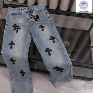 Multicolor Kreuz Patch Jeans Blau Distressed Denim Streetwear Christian Hip Hop Mode Unisex Y2K Style Hosen