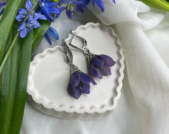 Blue Scilla Flower Earrings, Realistic Wood Squill Jewelry, Polymer Clay Floral Dangles, Botanical Bluebell Drop Earrings Spring Flower Gift
