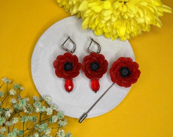 Red Poppy Earrings, Realistic Red Flower Dangle Earrings Anemone Jewelry Set, Red Floral Earrings with Crystals Gift for Her, Red Brooch Pin