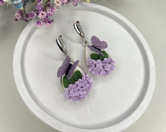 Lilac Butterfly Earrings, Purple Flower Dangle Earrings, Realistic Botanical Jewelry, Lavender Floral Earrings for Her, Spring Garden Gift