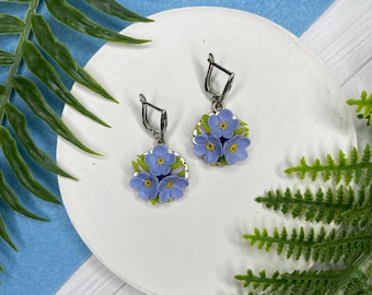 Forget Me Not Flower Earrings - Tiny Blue Floral Drop Earrings - Polymer Clay Jewelry - Something Blue for Bride - Personalized Gift for Mom