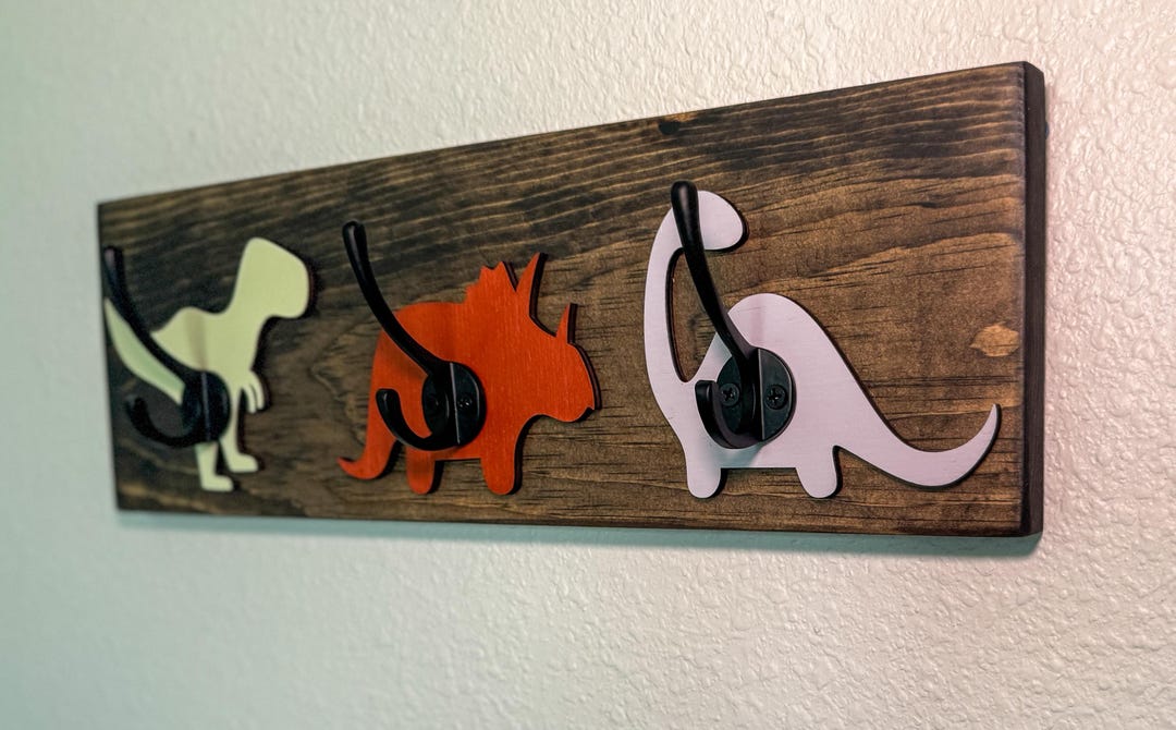 Dinosaur Wall Hook Rack for Kids Room, Wooden Dino Coat Rack, Nursery ...
