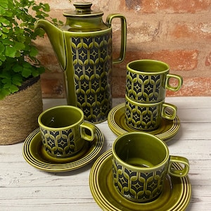 Hornsea Lakeland Green Heirloom Coffee Pot. Cup & Saucers. Vintage Kitchenware. GS. Circa 1970's