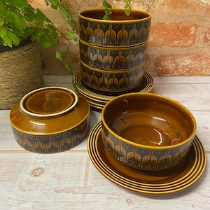 May include: A collection of brown ceramic bowls and saucers. The bowls are stacked and decorated with a repeating pattern of stylized leaves in dark brown and cream. The saucers have a matching design and are brown with concentric rings.