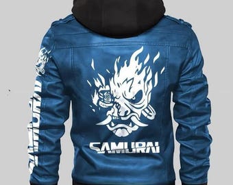 May include: Blue leather jacket with a black hood. The back features a white graphic of a samurai mask with flames and the word "SAMURAI". White text is on the left sleeve.