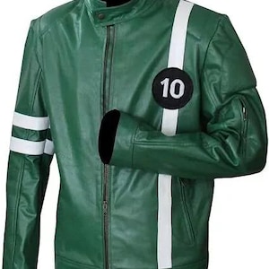 May include: A green leather jacket with a white stripe down each sleeve and a white stripe down the front. The jacket has a zip fastening and a number "10" on the front.