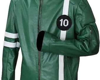 May include: A green leather jacket with a white stripe down each sleeve and a white stripe down the front. The jacket has a zipper closure and a number "10" on the front.