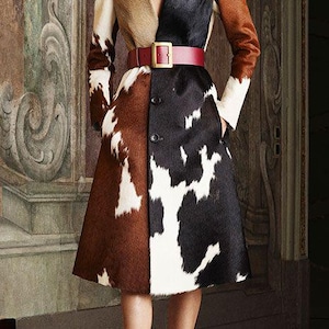 Vintage Women&#39;s Leather Long Coat  Genuine Cowhide Hair on Brown, Black and White Classic Style Street Coat Sizes XS S M L XL 2X 3X Custom