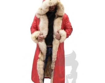 Santa Claus Long Fur Leather Jacket, Christmas Chronicles Kurt Russell Xmas Coat
